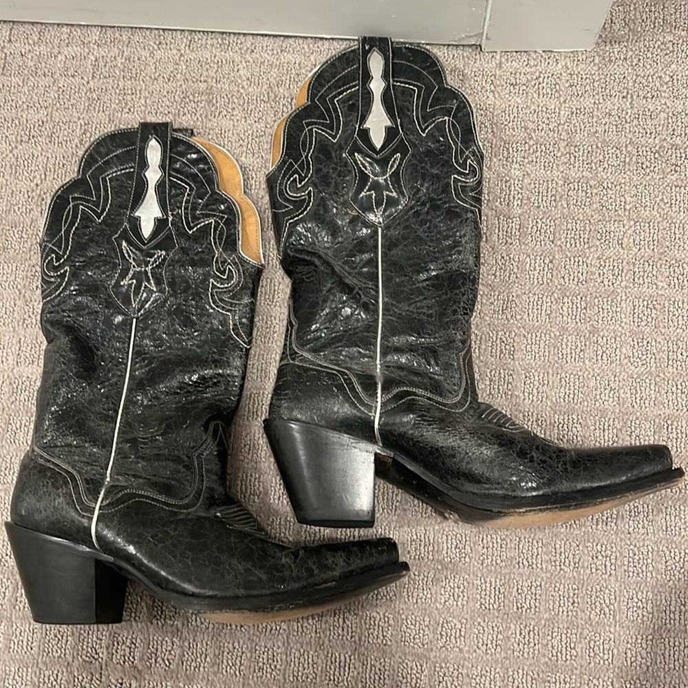 Women’s Size 9 J.B. Dillon Black Cowboy Boot with Metallic Silver Inlay